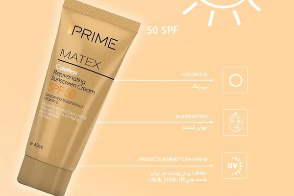 ضد آفتاب جوان کننده بی رنگ پریم SPF 50 مدل Matex